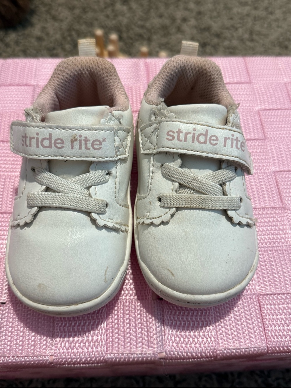 Stride Rite White and Light Pink Baby Sneakers with Hook-and-Loop Strap